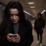 Young woman trying to find advice after having her drink spiked by an unknown male in the background.