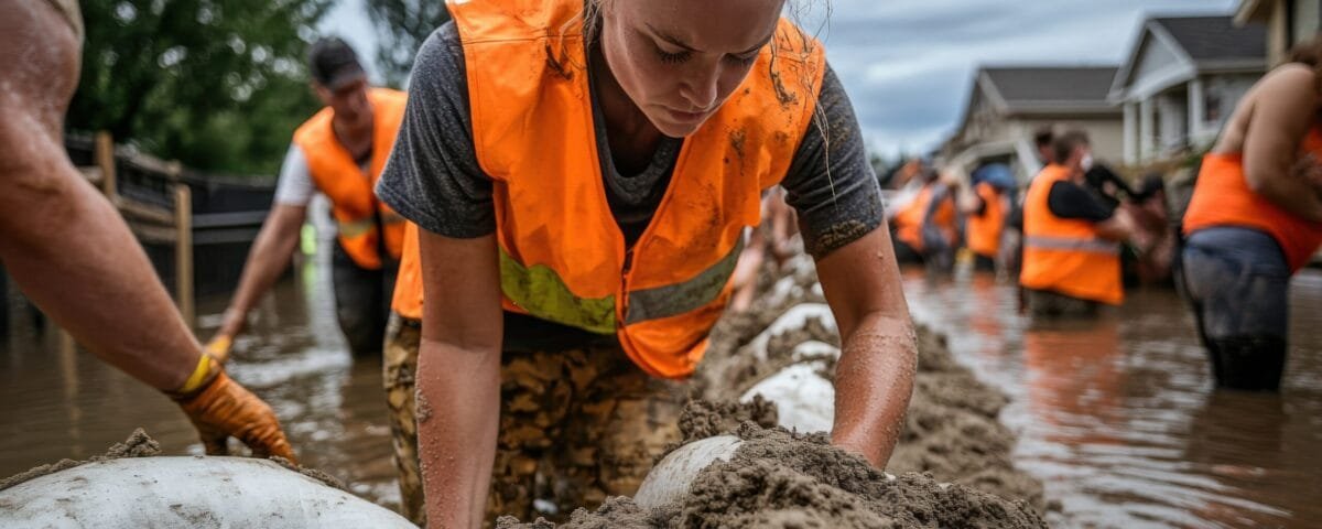 A person in safety gear is diligently placing sandbags to fortify barriers against rising floodwaters in a residential neighborhood, highlighting the effort and determination involved in flood respon