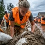 A person in safety gear is diligently placing sandbags to fortify barriers against rising floodwaters in a residential neighborhood, highlighting the effort and determination involved in flood respon