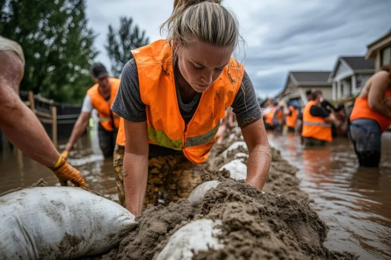 A person in safety gear is diligently placing sandbags to fortify barriers against rising floodwaters in a residential neighborhood, highlighting the effort and determination involved in flood respon