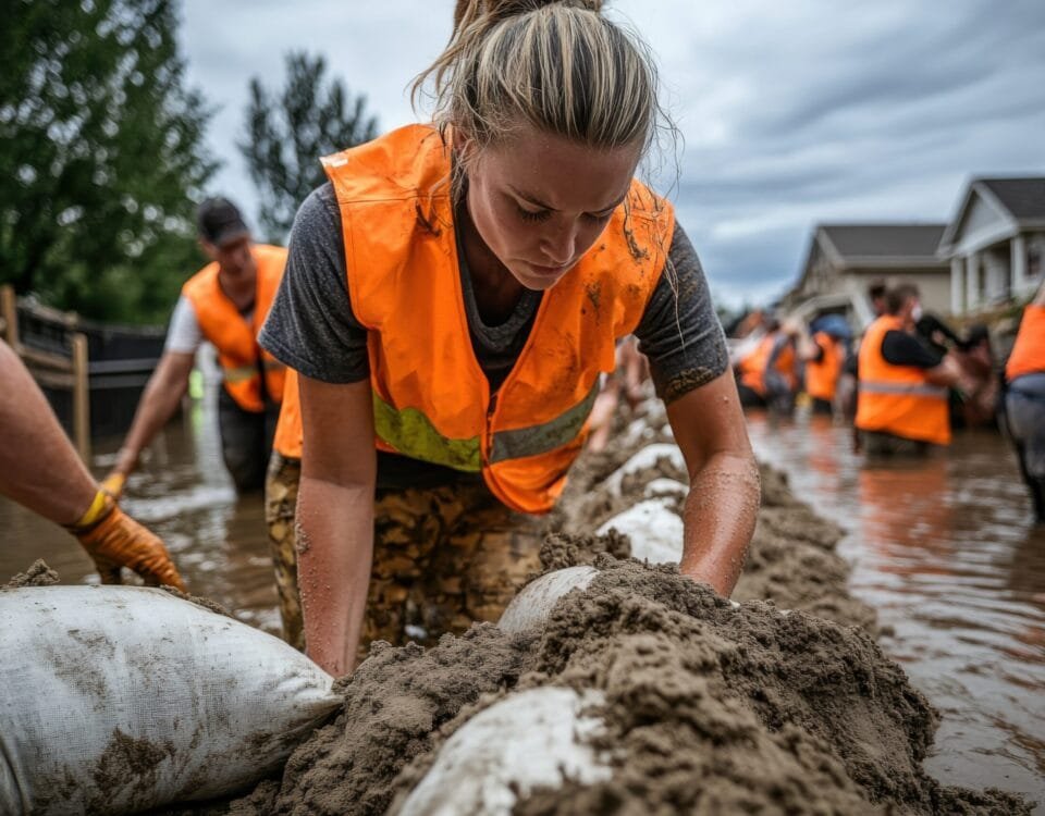 A person in safety gear is diligently placing sandbags to fortify barriers against rising floodwaters in a residential neighborhood, highlighting the effort and determination involved in flood respon